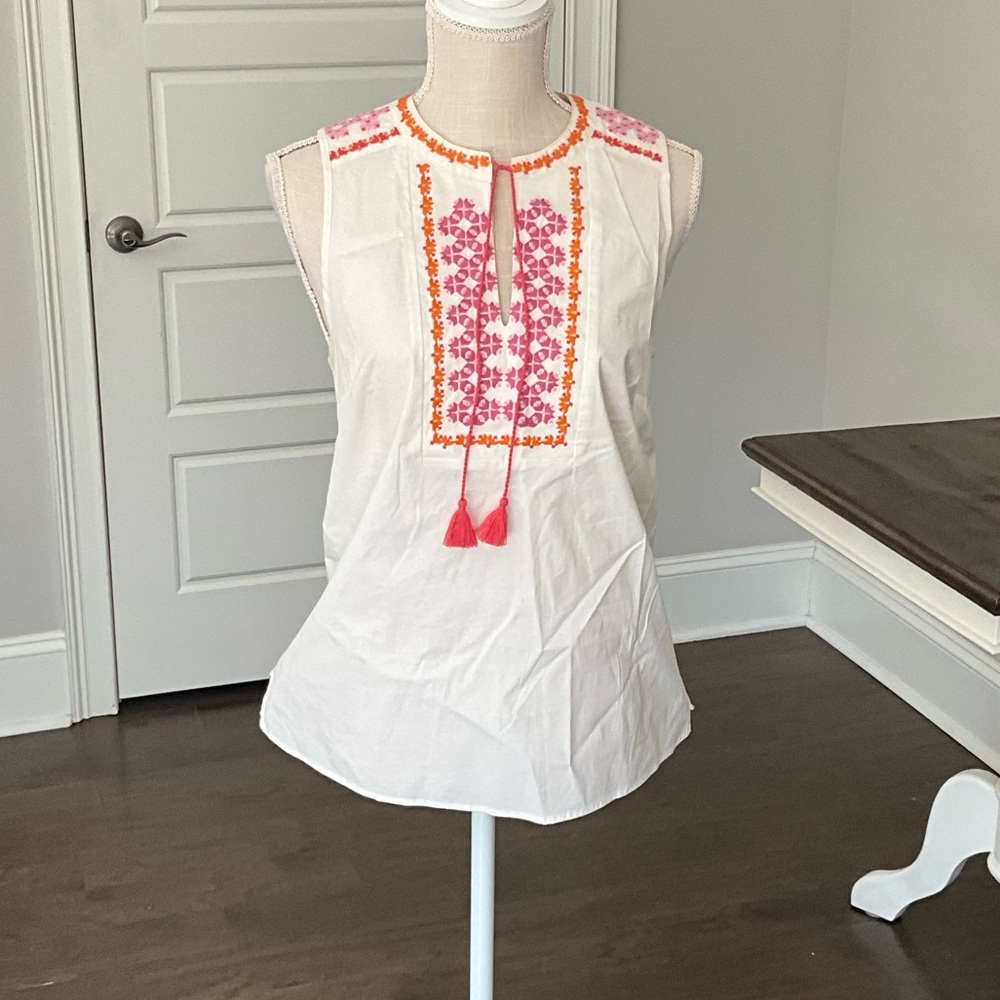 J. Crew White Top with Pink and Orange Embroidery
